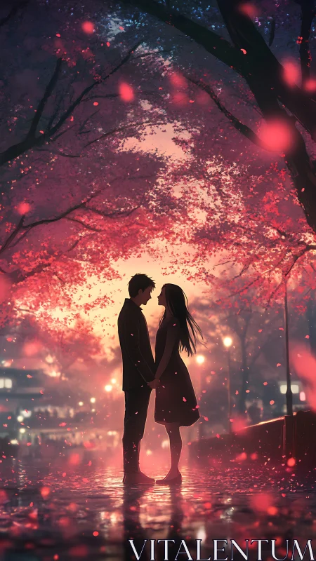 Silhouetted couple stands beneath glowing pink blossom canopy