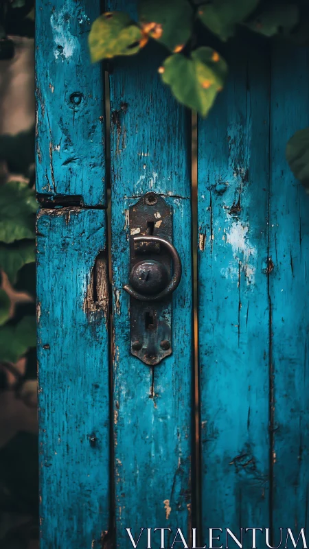Weathered turquoise garden gate with rustic iron latch detail
