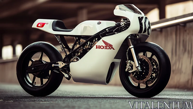 Custom white racing motorcycle displayed on urban pavement