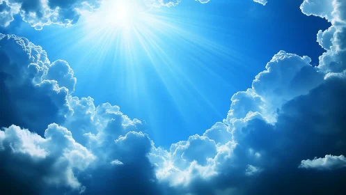 Sunlight breaking through dense blue cumulus cloud bank.