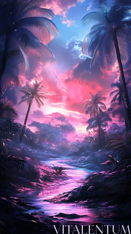 Neon tide under cotton candy skies in dreamlit jungle.
