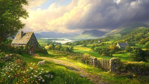 Sunlit stone cottage overlooks verdant valley and distant lake