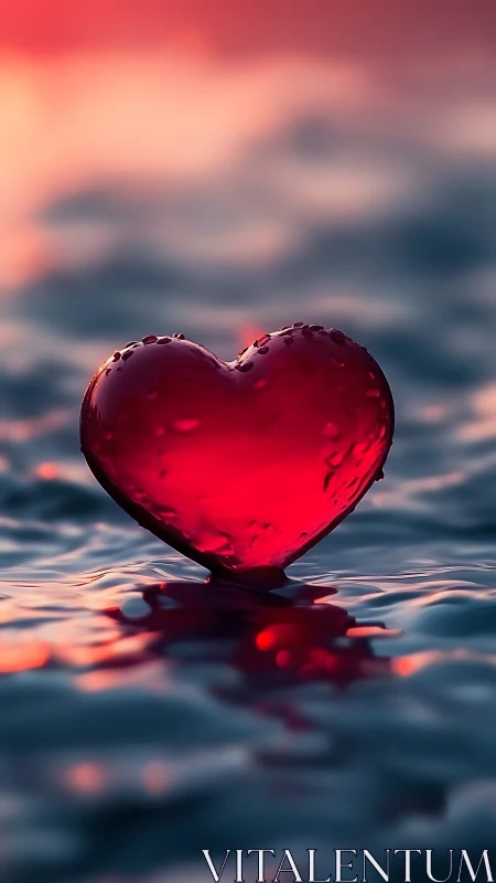 A Glowing Ruby Heart Rests on Peaceful Waters at Sunset
