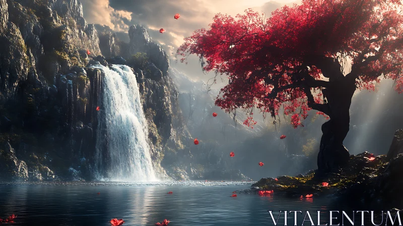 Fantasy waterfall cove with luminous crimson tree composition.