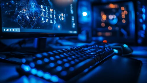 Cozy neon-lit gaming desk glowing in midnight blue calm.