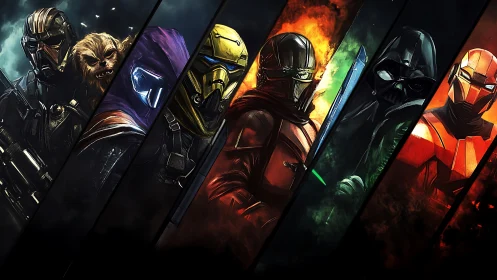 Stylized sci‑fi warriors stand divided by vivid light and fire