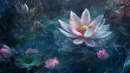 Luminous crystal lotus blooms over dark iridescent water