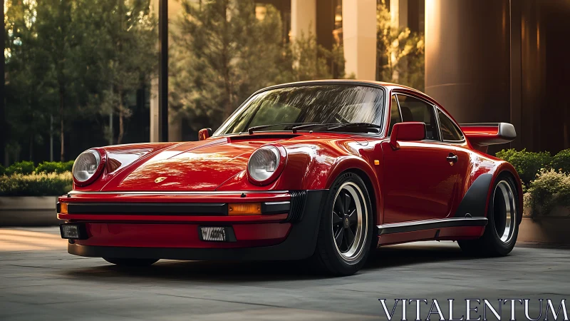 Classic red rear-engined sports coupe with flared arches at dusk