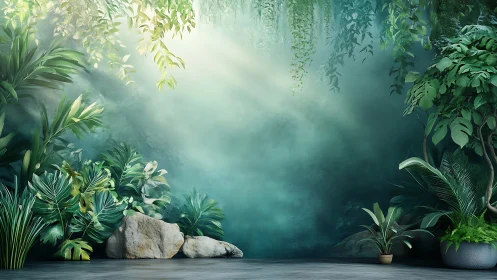 Lush indoor jungle scene with rocks and soft light beams.