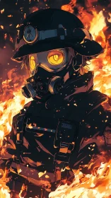 Steampunk Figure in Protective Gear Surrounded by Flames