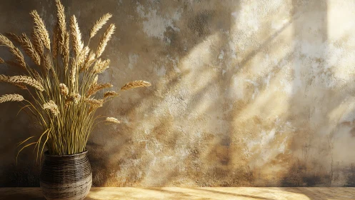 Dried wheat stems stand in ceramic pot beside textured wall