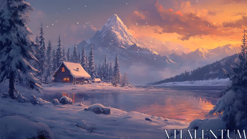 Snow cabin overlooks frozen river beneath glowing sunset sky