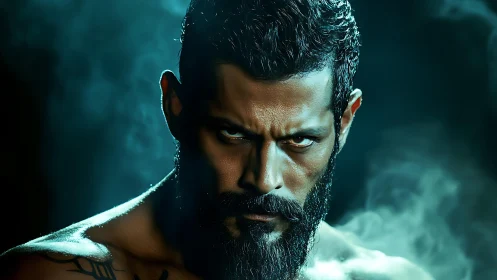 Intense bearded warrior framed by moody teal shadows.