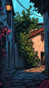 Mediterranean alleyway rendered in warm rim lighting at dusk.
