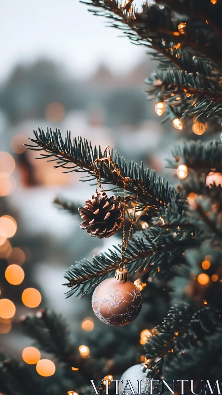 Golden bauble and pinecone quietly orchestrate winter light