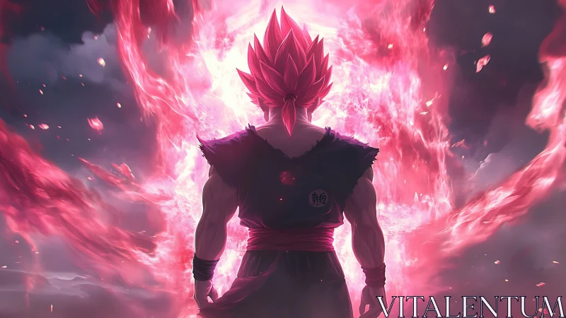 Crimson energy warrior ascending within storming aura.