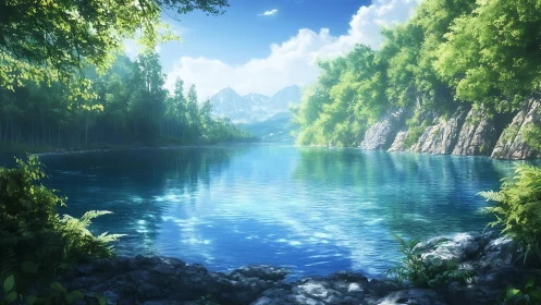 Mountain lake surrounded by lush forest and rocky cliffs.