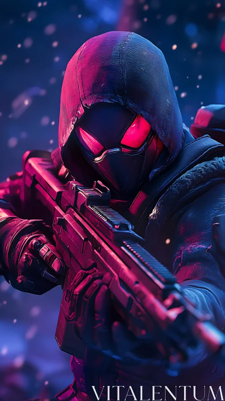 Tactical neon marksman with hooded visor in arctic glow.