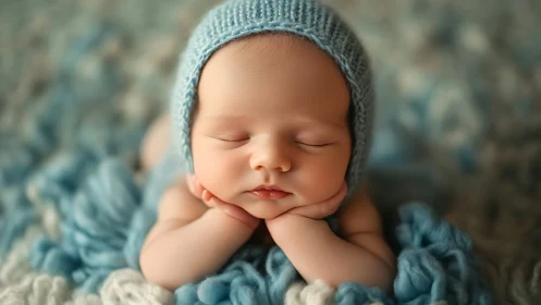 Newborn infant sleeping with eyes closed, wearing knit bonnet