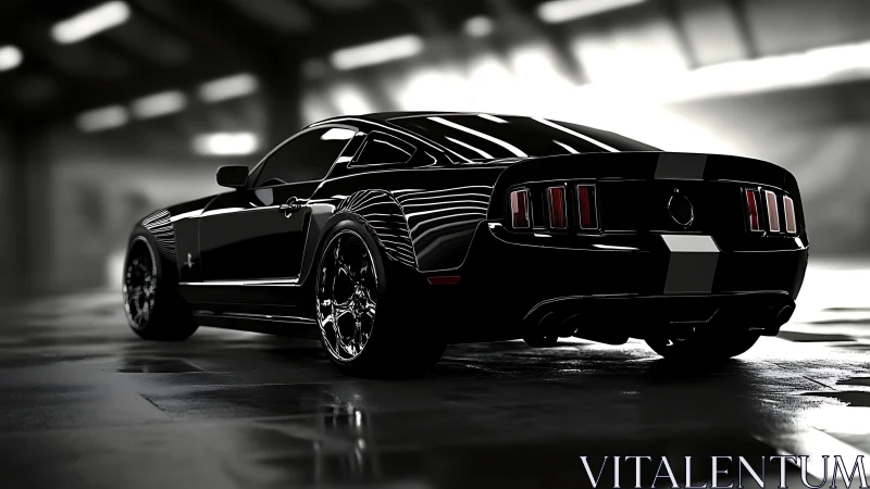 Glossy black muscle car under dramatic studio backlighting.