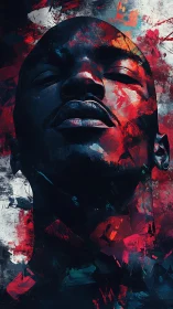 Abstract portrait shows dark serene face amid red chaos