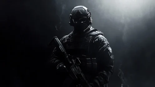 Tactical soldier silhouette in dark smoke with rifle poised.