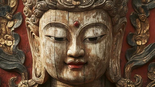 Weathered wooden Buddha carving radiates timeless serenity