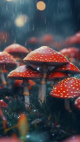 Macro rain-soaked fly agaric mushrooms under soft bokeh light