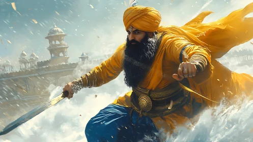 Sikh warrior surges through storm with sword drawn.