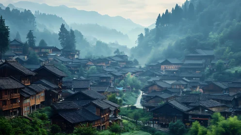 Mist-draped mountain village where rooftops ripple like waves.