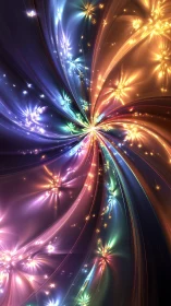 Radial multicolor light streams with clustered particle flares.