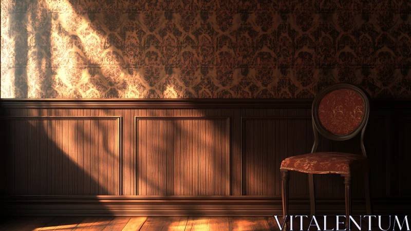 Vintage chair catches low golden sunlight against damask wall.