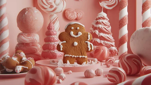 Gingerbread cookie stands amid pink candy holiday landscape