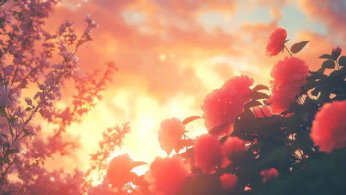 Sunlit rose garden glowing under soft pastel sunset sky.