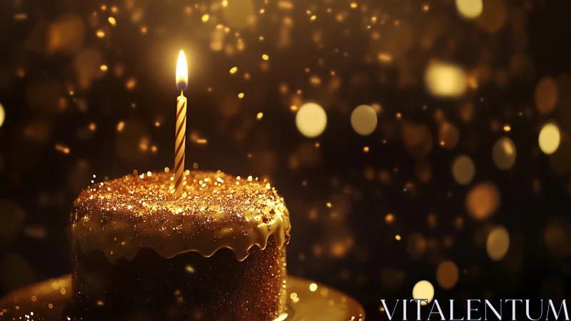 Luxe Birthday Cake with Ignited Spiral Candle Against Bokeh.