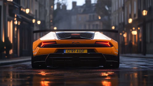 Golden supercar glows warmly on a rainy cobblestone street