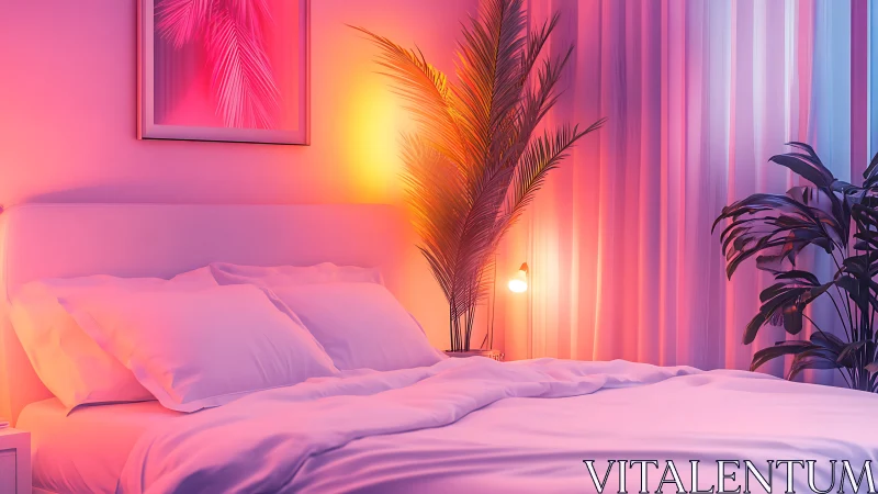 Neon dusk sanctuary where tropical fronds guard soft dreams.