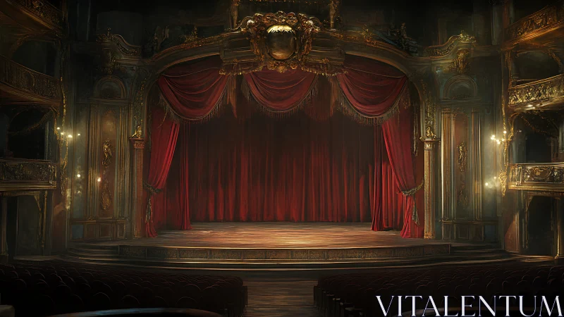 Ornate empty theater stage with closed red velvet curtains