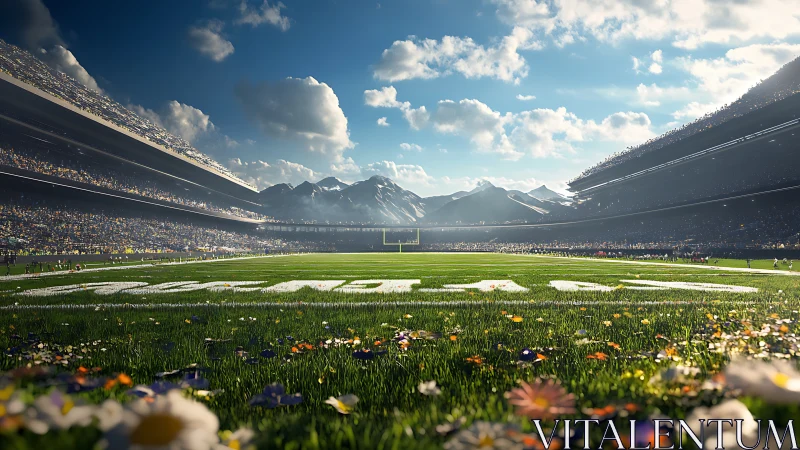 Vibrant football stadium field with crowd and mountains.