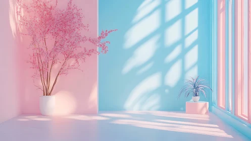 Sunlit pastel room balances cherry blossoms and calm space
