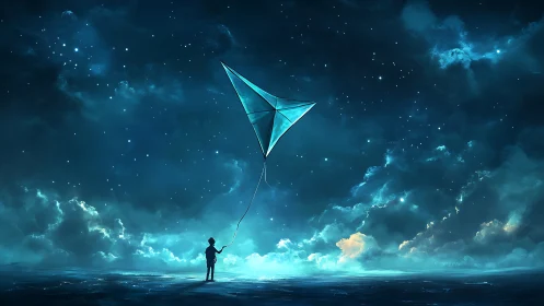 Child beneath starlit sky flies luminous crystal kite dreamily.