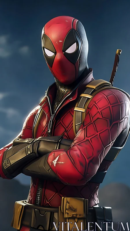 Sarcastic red-masked rogue poses with cinematic swagger.