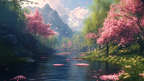 Digital painting of alpine river with luminous spring blossoms.