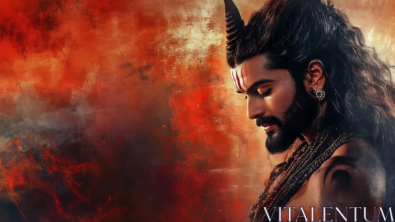 Digital painting profile of serene mythic warrior figure.