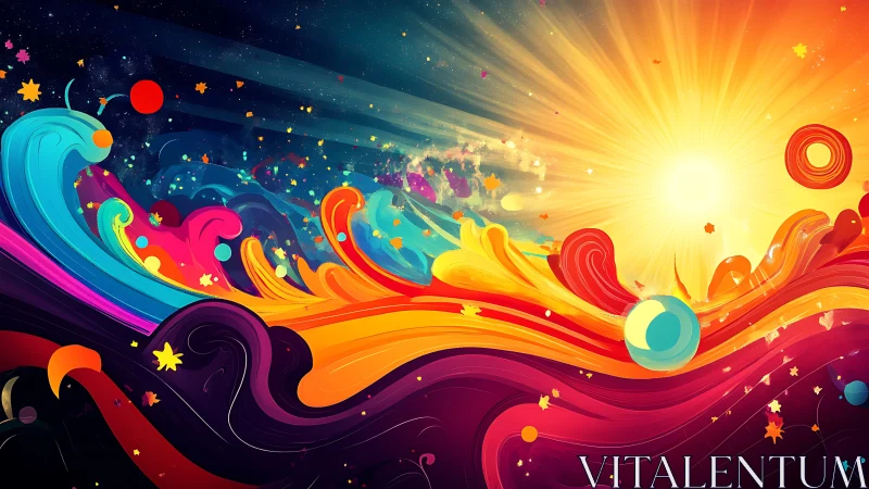 Solar paint tides crash through a neon cosmic shoreline.