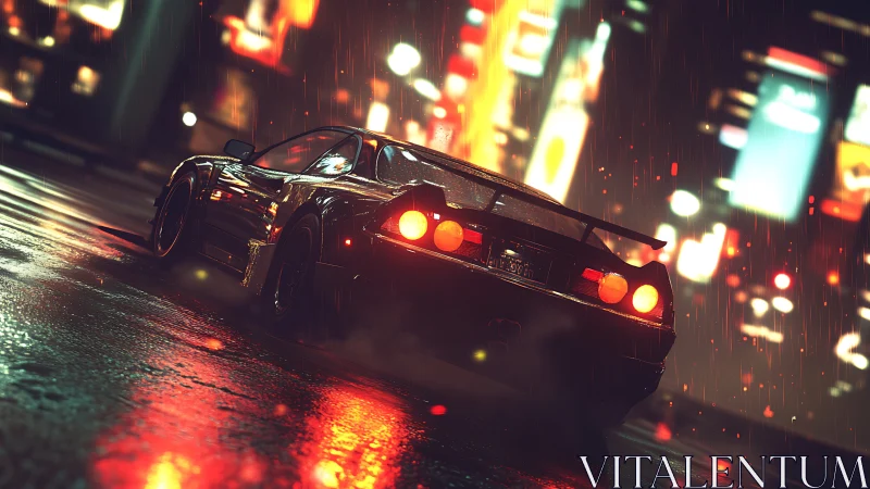 Night city supercar glowing through neon rain and reflections.