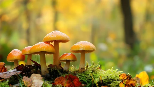 Macro woodland mushrooms under autumn bokeh canopy.