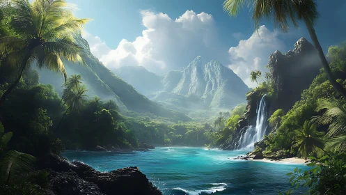 Tropical valley gorge featuring waterfall cascade and luminous turquoise waters.