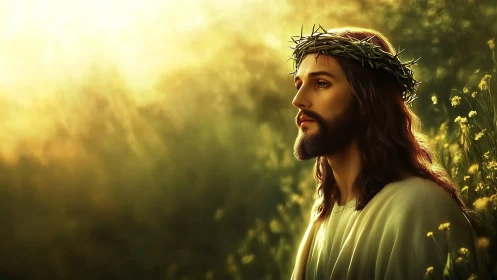 Sacred robed figure with thorn crown in radiant meadow light.