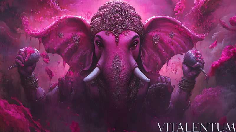 Pink elephant deity portrait with ornate jewelry and smoke.